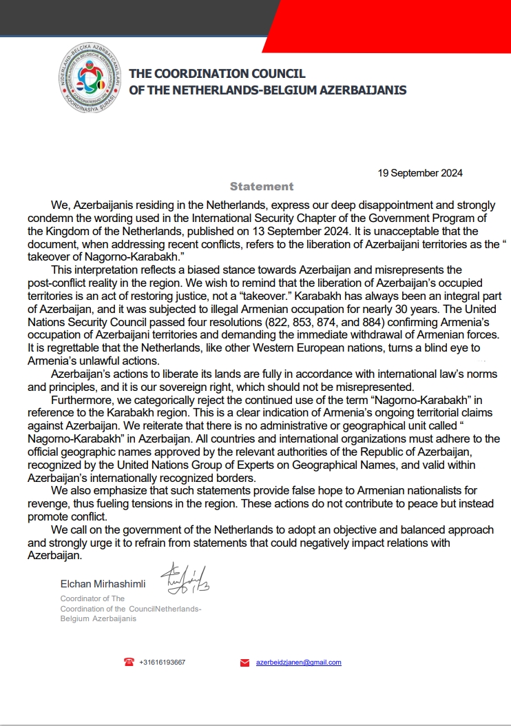 Azerbaijan's diaspora organizations condemn biased position of Dutch government (PHOTO)