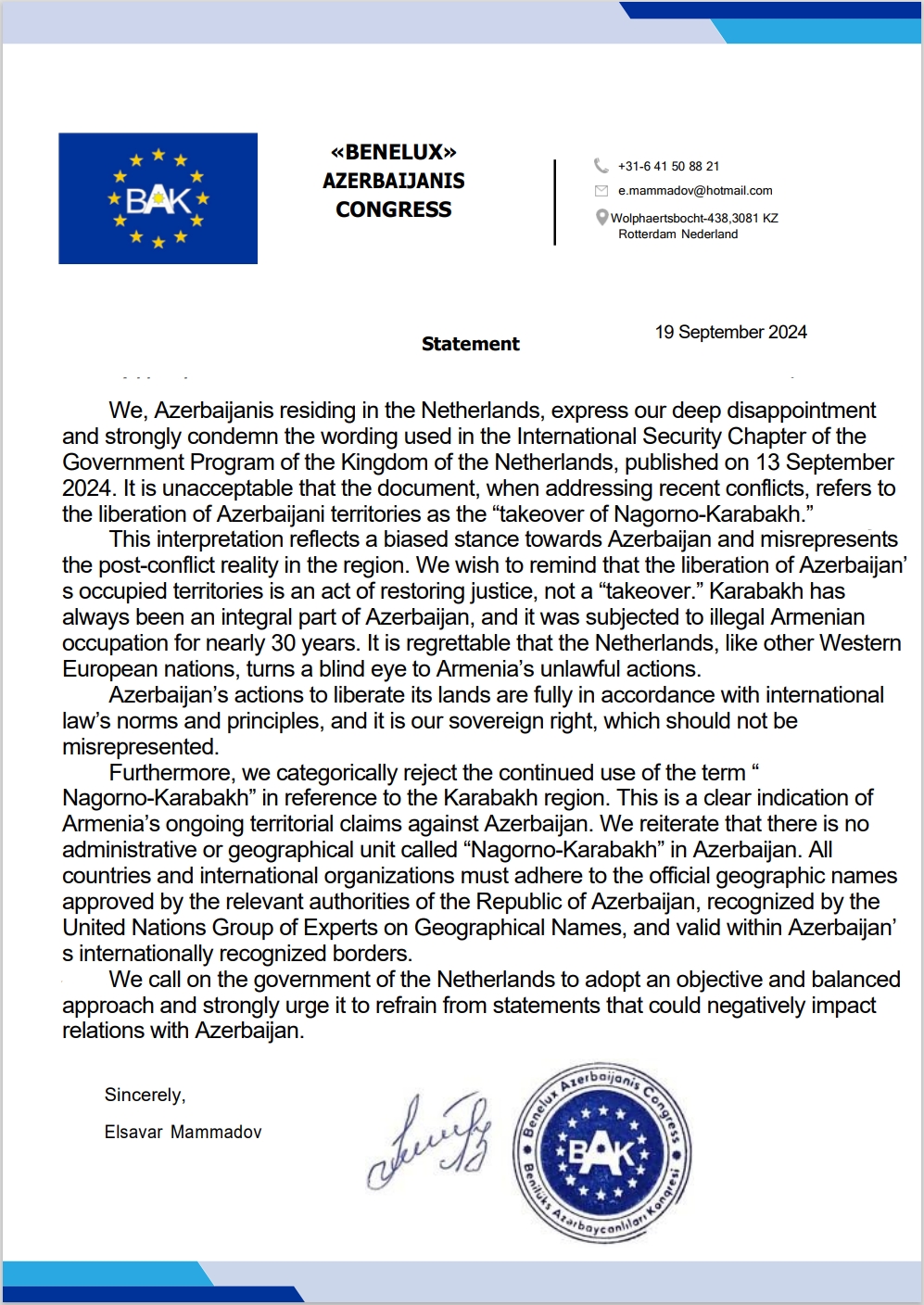 Azerbaijan's diaspora organizations condemn biased position of Dutch government (PHOTO)