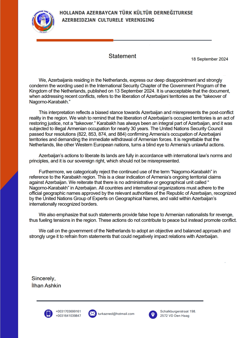 Azerbaijan's diaspora organizations condemn biased position of Dutch government (PHOTO)