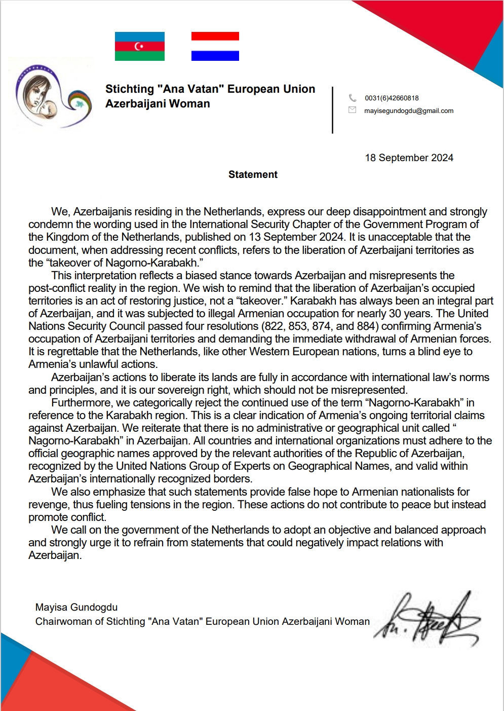 Azerbaijan's diaspora organizations condemn biased position of Dutch government (PHOTO)