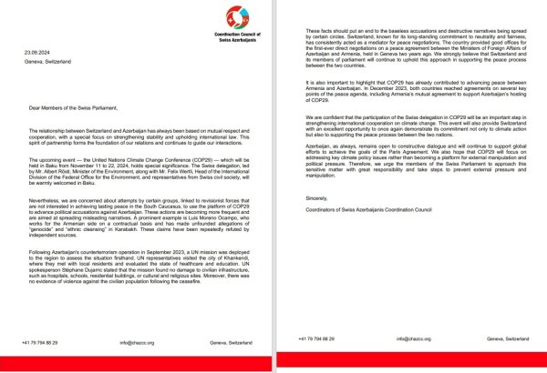 Azerbaijani diaspora addresses statement to Swiss parliament