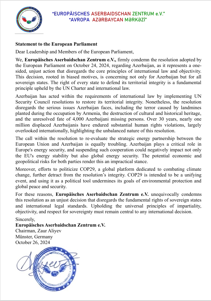 Germany-based European Center of Azerbaijan conveys protest against biased EP resolution (PHOTO)