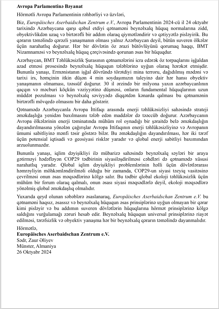 Germany-based European Center of Azerbaijan conveys protest against biased EP resolution (PHOTO)