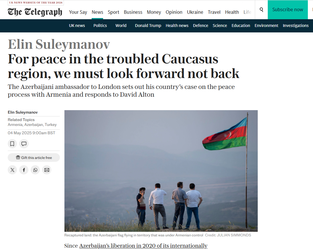 Azerbaijan remains committed to peace with Armenia - Ambassador Suleymanov for The Telegraph