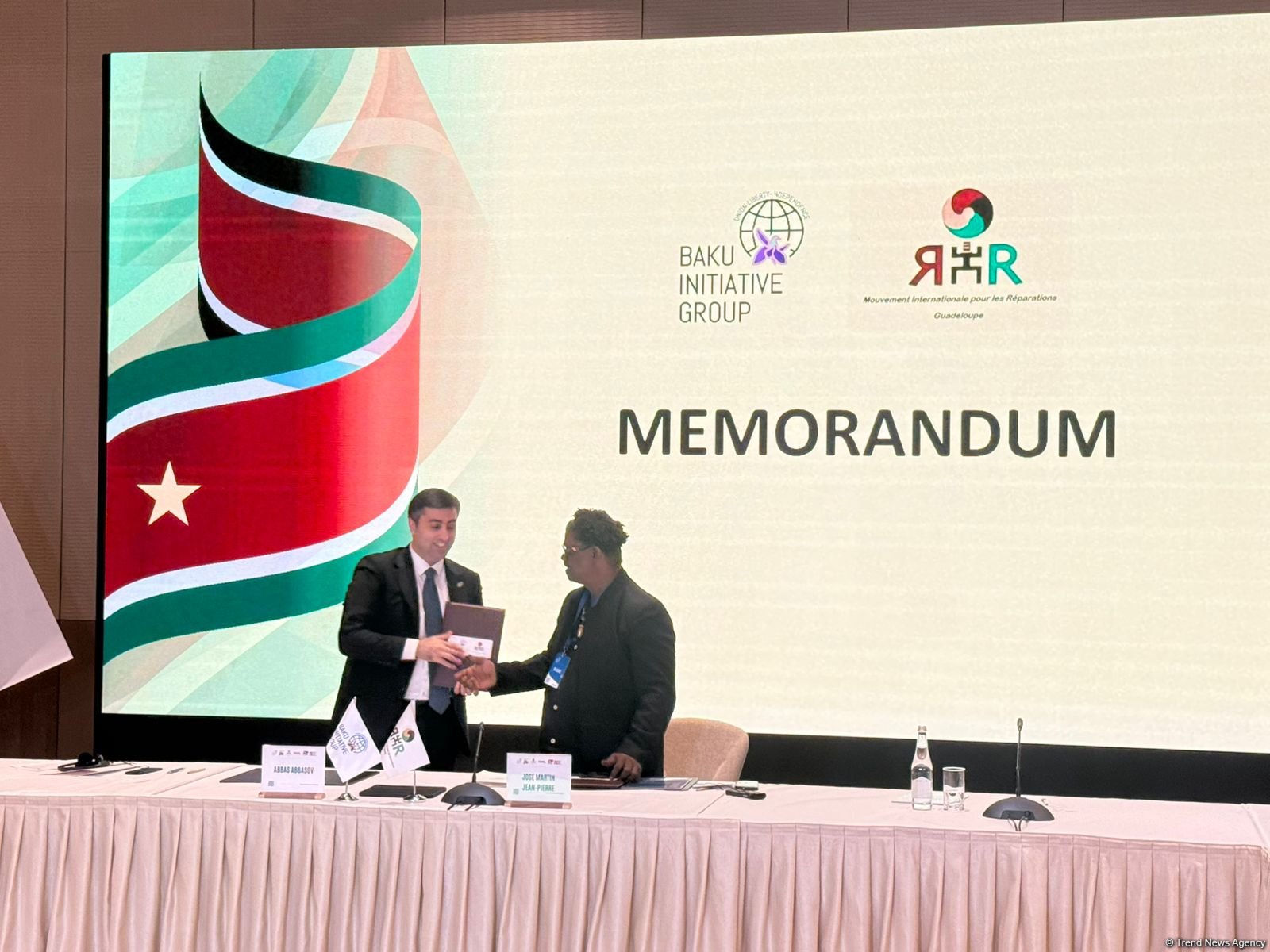 Azerbaijani Baku Initiative Group, Guadeloupe Reparations Movement sign co-op memo